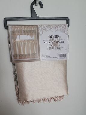 Oris Beige Embroidered Kitchen Curtains with Lace Trim